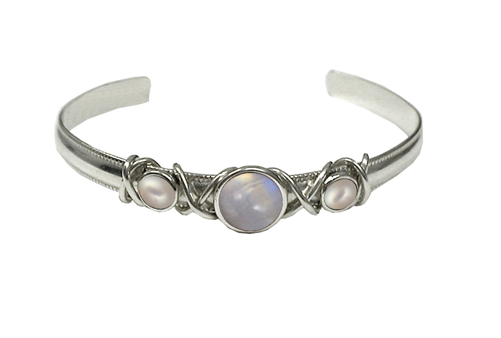 Sterling Silver Hand Made Cuff Bracelet With Rainbow Moonstone And Cultured Freshwater Pearl